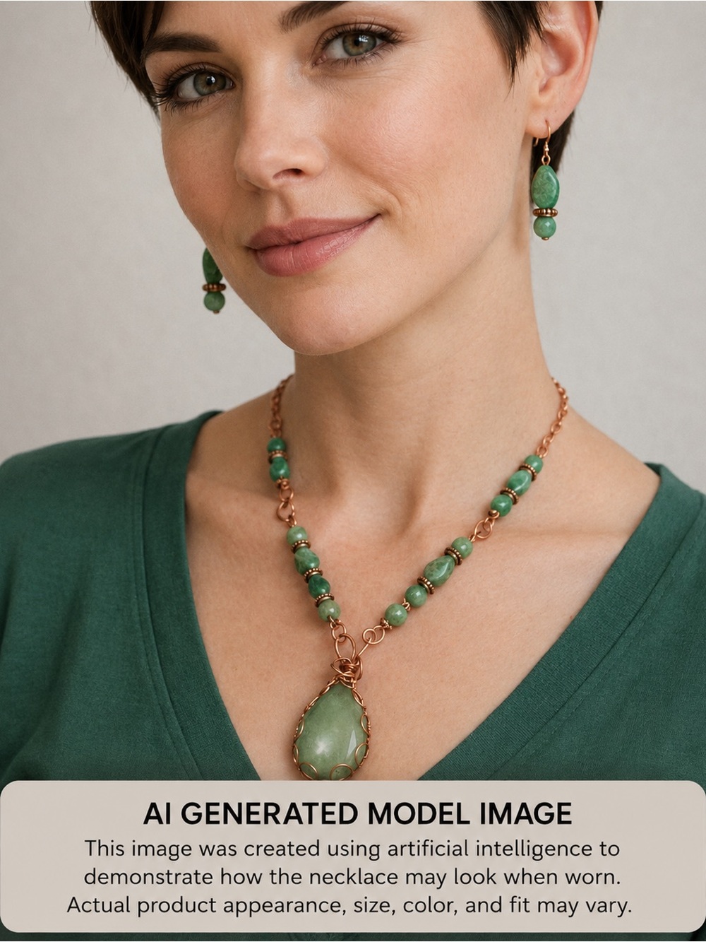 Aventurine Teardrop 1 1/4" Cabochon Necklace Pendant Earrings 20" Copper Bezel